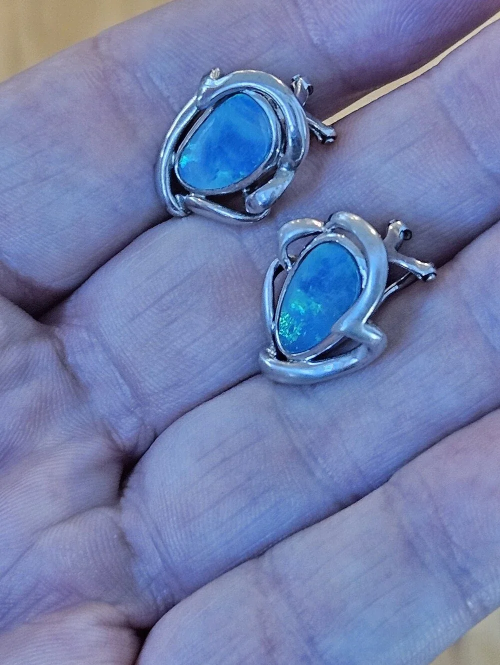 Designer Australian Black Opal Teardrop Sterling Silver Omega Back Earrings 1